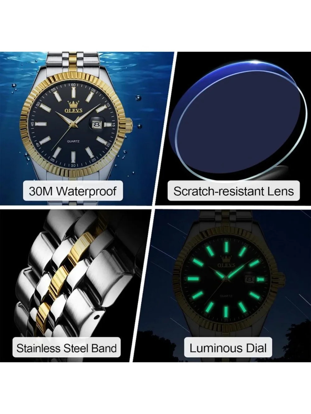 Olevs Men's Silver Gold Luxury Stainless Black Face Analog Quartz Luminous Watch